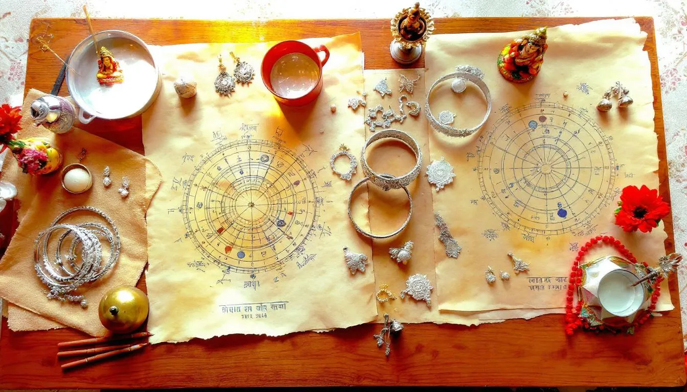 The image features a beautifully arranged display of astrological charts alongside silver jewelry, including a silver ring and a silver chain, complemented by traditional Indian spiritual items. This composition symbolizes the spiritual benefits of wearing silver, which is believed to promote emotional balance, enhance intuition, and provide a protective shield against negative energies.