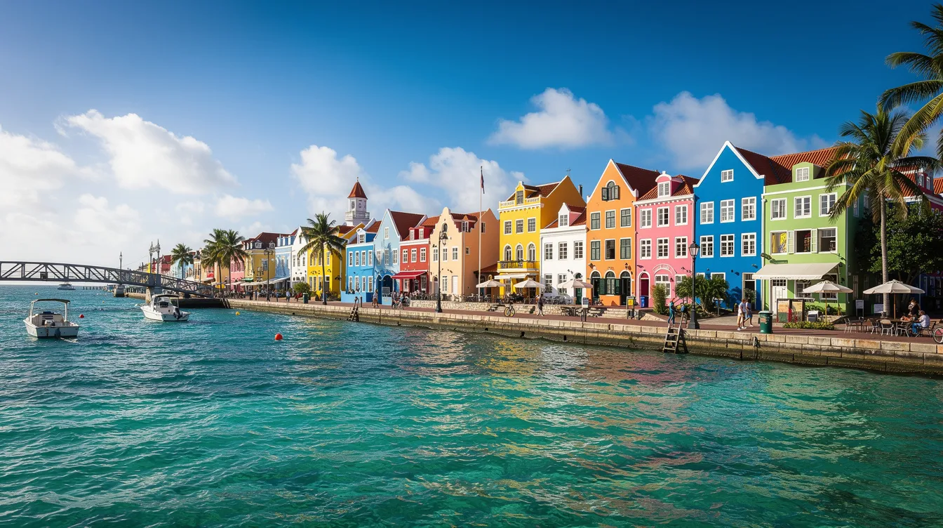 A imagem retrata uma vista deslumbrante de Willemstad durante o verão, com suas casas coloridas refletindo na água azul turquesa do mar do Caribe. A capital de Curaçao exibe um cenário vibrante, ideal para turistas que buscam experiências culturais e praias paradisíacas.