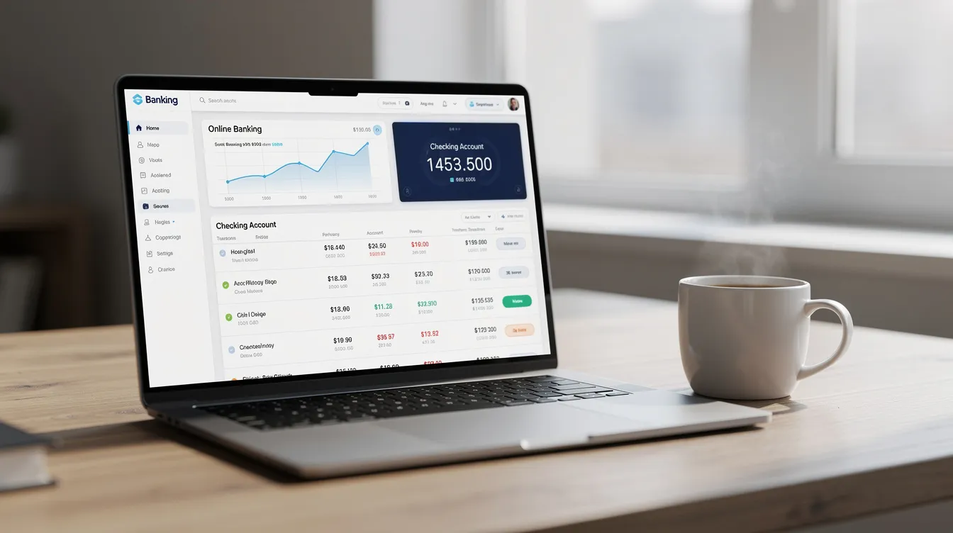 The image depicts a laptop on a desk displaying an online banking dashboard, with a coffee mug beside it, illustrating a convenient setup for managing financial transactions such as wire transfers and bank transfers. This scene emphasizes the ease of electronic money transfers and online banking, making it ideal for routine payments and international transactions.