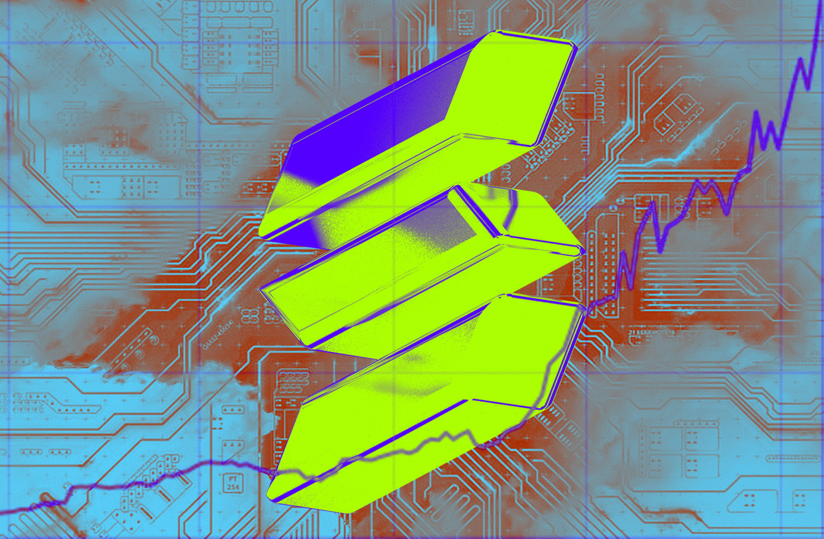 A creative illustration of a Solana image with motherboard and bullish graph. 