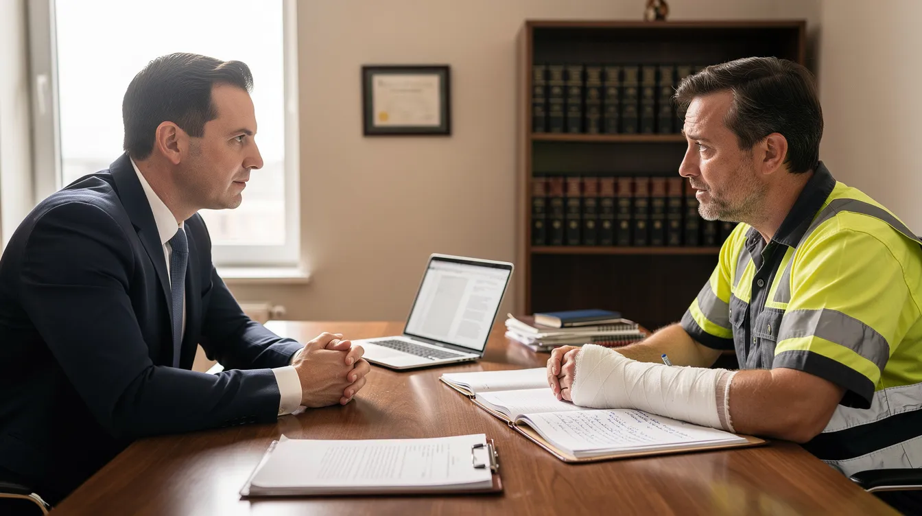 An attorney is seated at a desk, discussing a workers compensation claim with an injured worker. They are reviewing medical treatment options and discussing the benefits available under Colorado workers compensation laws, including temporary total disability and lost wages.