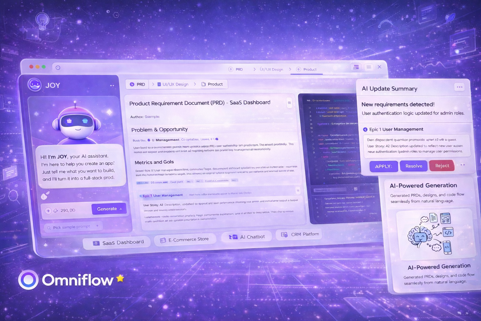 Image showing the Omniflow user interface and how users can use natural language prompts to describe their amazing ideas and move them to new phases of development including PRD, prototyping, deployment, etc. 