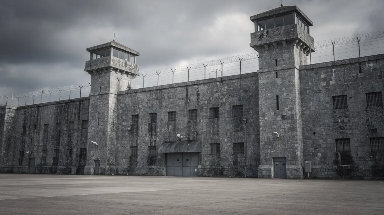 Das Bild zeigt die massive, graue Gefängnisfassade des Shawshank Gefängnisses, umgeben von hohen Mauern und Wachtürmen, unter einem bewölkten Himmel. Diese Architektur spiegelt die düstere Atmosphäre der Verfilmung "Die Verurteilten – The Shawshank Redemption" wider.