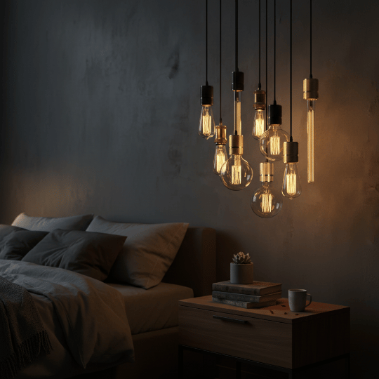 Cluster of exposed filament pendant lights hanging beside the bed, styled by 7pandas.