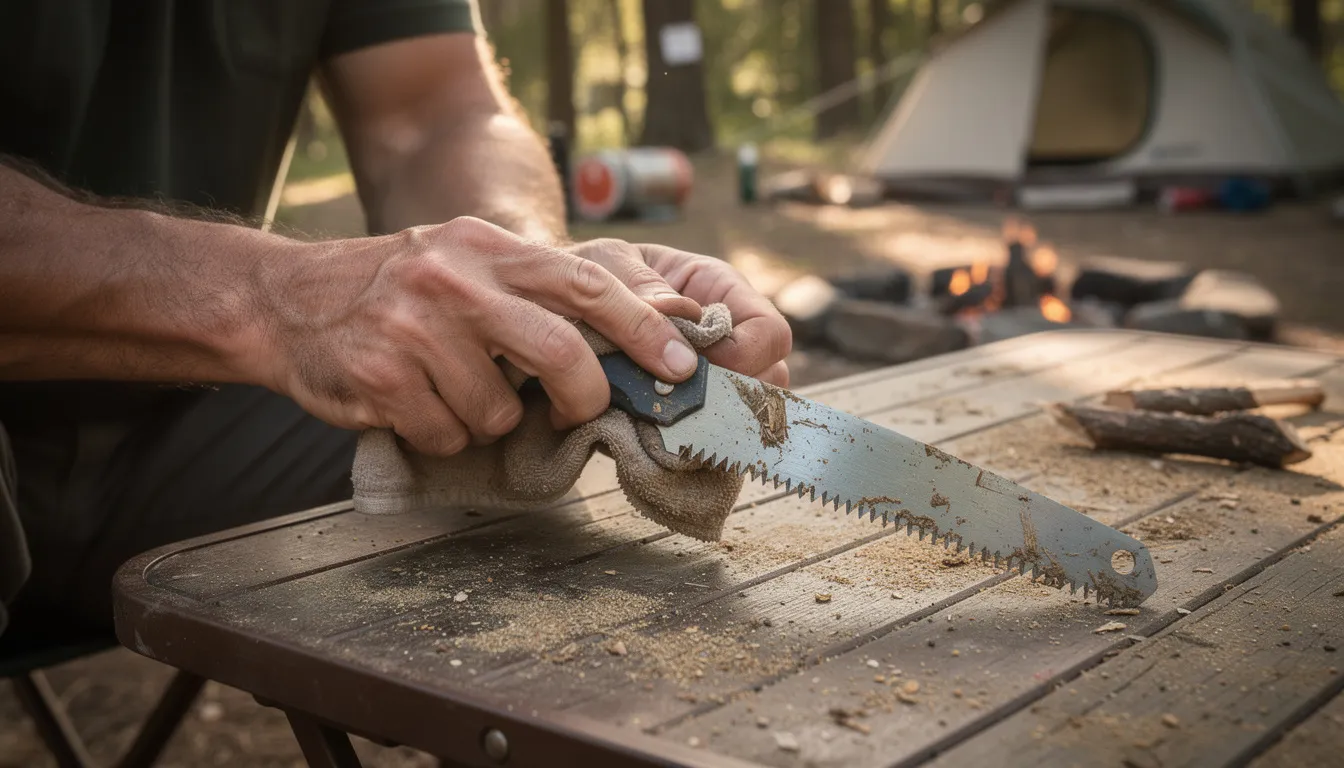 A person is using a cloth to wipe down the sharp blade of a folding saw near a campsite, preparing it for cutting firewood or pruning trees. The compact folding design and solid construction of the saw make it a great option for outdoor activities like car camping and trail clearing.