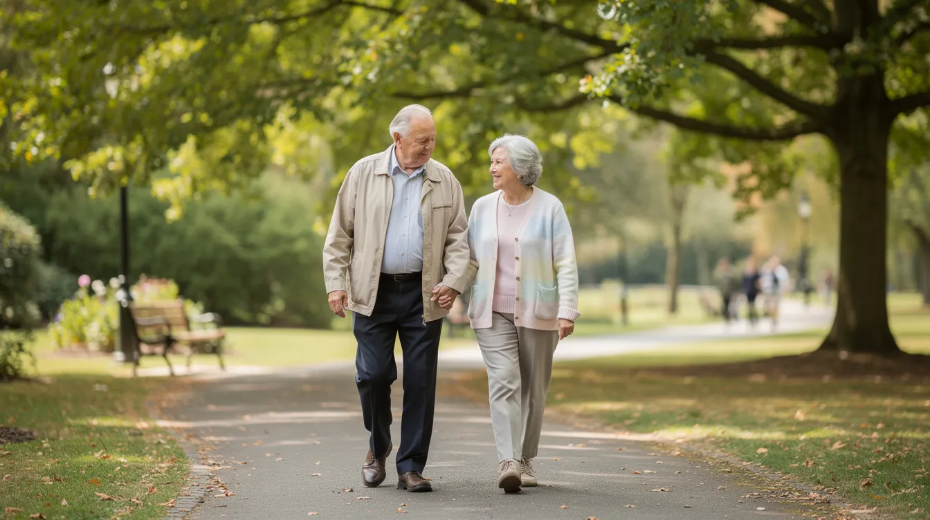 An older couple strolls hand-in-hand along a winding park path, surrounded by lush greenery and colorful flowers, embodying the joy of companionship in their retirement years. Their leisurely walk symbolizes a life well-lived, reflecting on the importance of maintaining an active lifestyle for longevity and well-being.