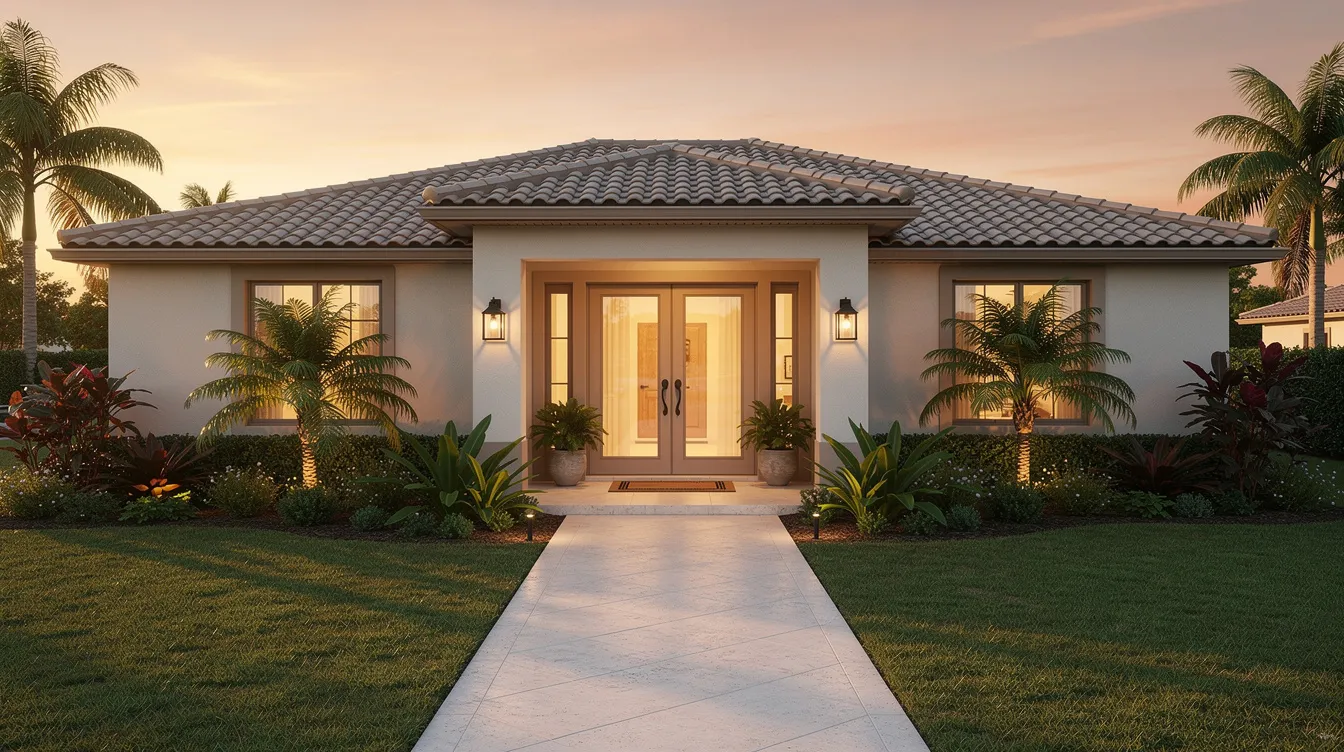 The image depicts a warmly lit entrance of a Florida home at sunset, featuring seasonal greenery and a clean, welcoming pathway that enhances the home's curb appeal. This inviting scene is ideal for potential buyers envisioning a cozy and attractive property.