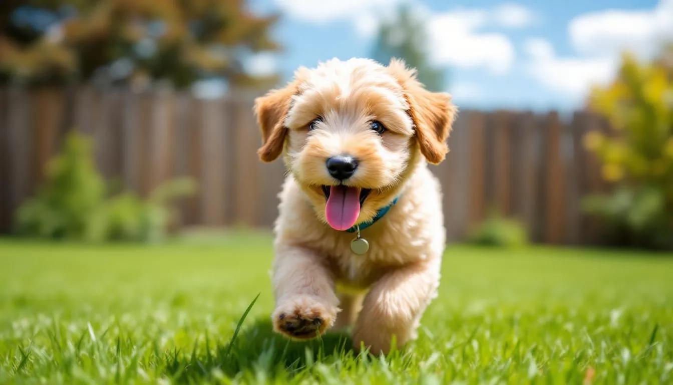 A playful mini goldendoodle puppy is showcasing its fluffy, wavy coat while joyfully playing outdoors, embodying the traits of a perfect puppy for families. This sweet dog exudes companionship and is well socialized, making it an ideal pet for children and friends alike.
