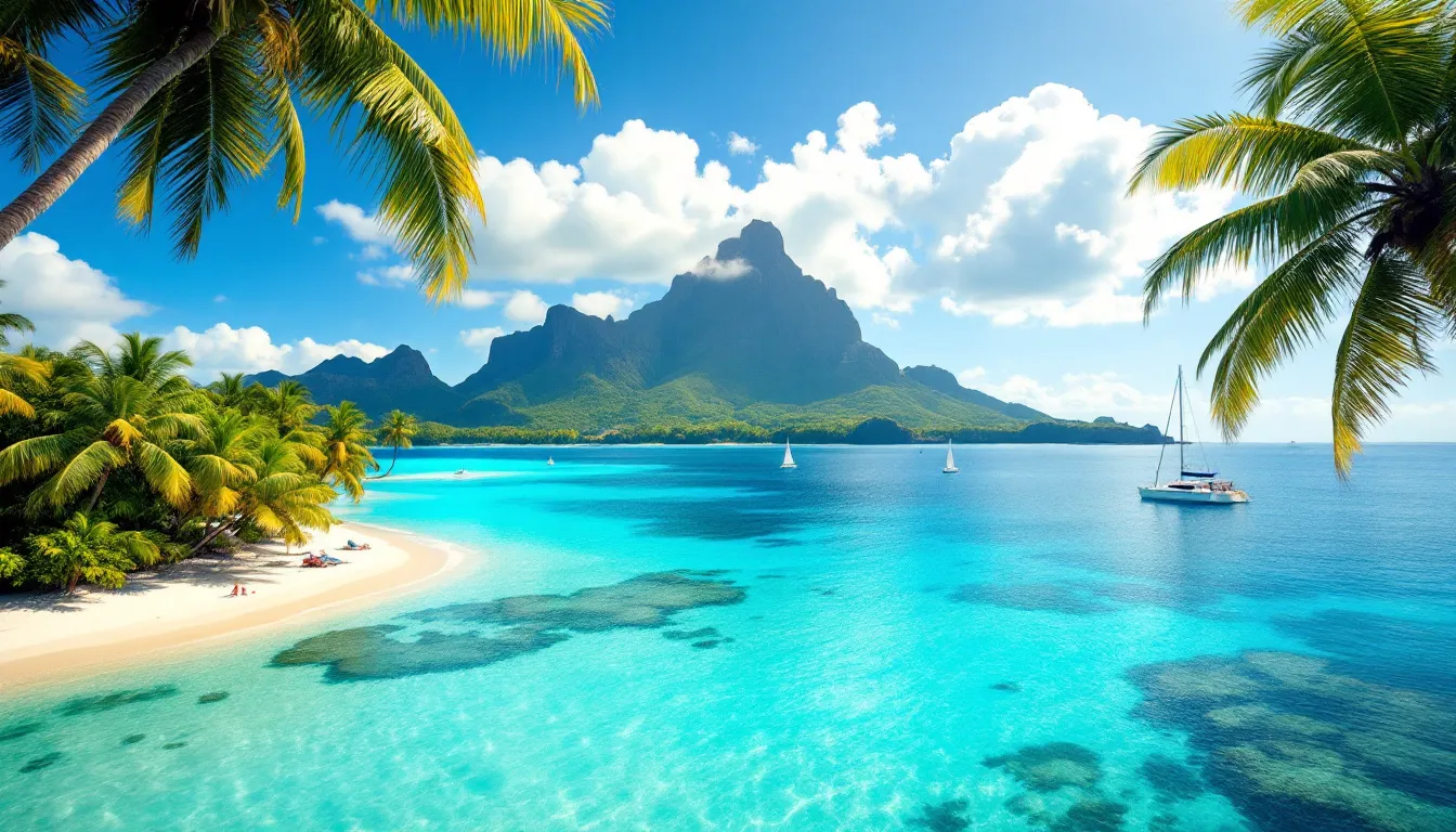 A beautiful view of Bora Bora's lagoon, showcasing its turquoise waters and lush surroundings, inviting travelers to explore this dream destination.