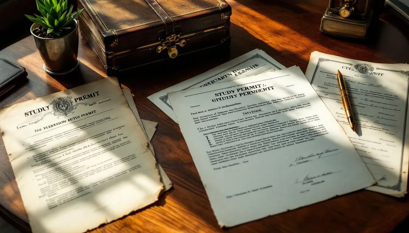 Préparation de la demande de permis d'études avec des documents sur une table.