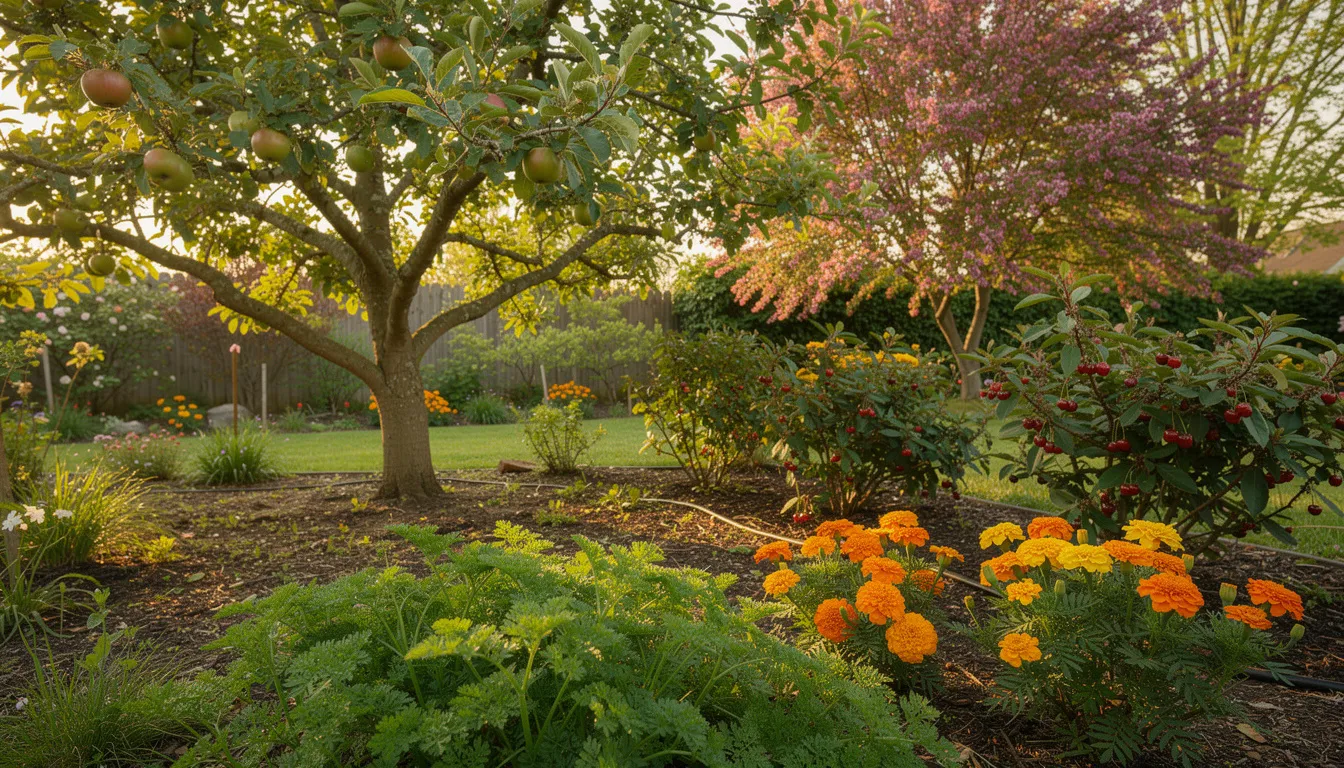 The image depicts a vibrant garden scene featuring an apple tree, shrub cherries, and a redbud tree, surrounded by parsley and marigolds, highlighting the importance of healthy soil and a thriving ecosystem for food production. This diverse planting exemplifies permaculture principles, showcasing how various plants contribute to soil health and support beneficial insects. The image depicts a vibrant garden scene featuring an apple tree, shrub cherries, and a redbud tree, surrounded by parsley and marigolds, highlighting the importance of healthy soil and a thriving ecosystem for food production. This diverse planting exemplifies permaculture principles, showcasing how various plants contribute to soil health and support beneficial insects.
