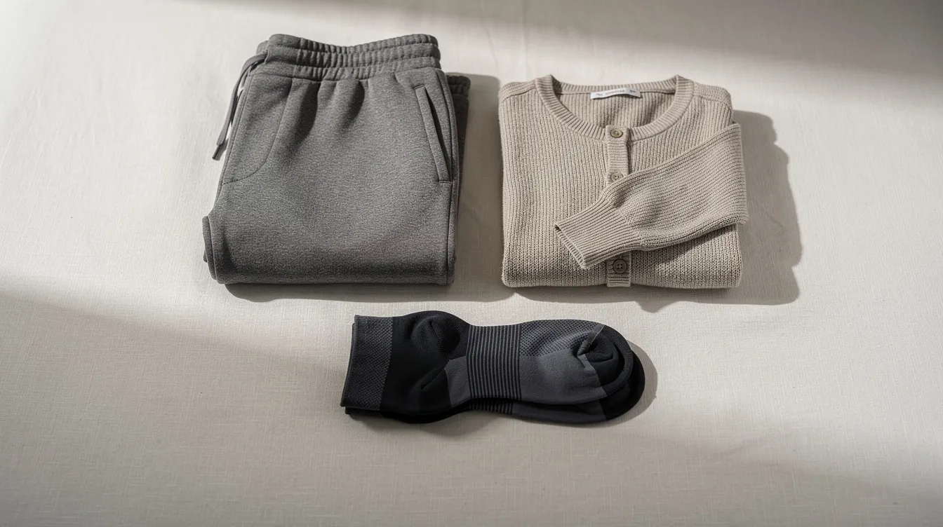 The image features neatly folded travel clothing layers, including joggers, a light cardigan, and compression socks, arranged on a flat surface. This setup is ideal for those preparing for their next long haul flight, ensuring comfort and convenience during the journey.