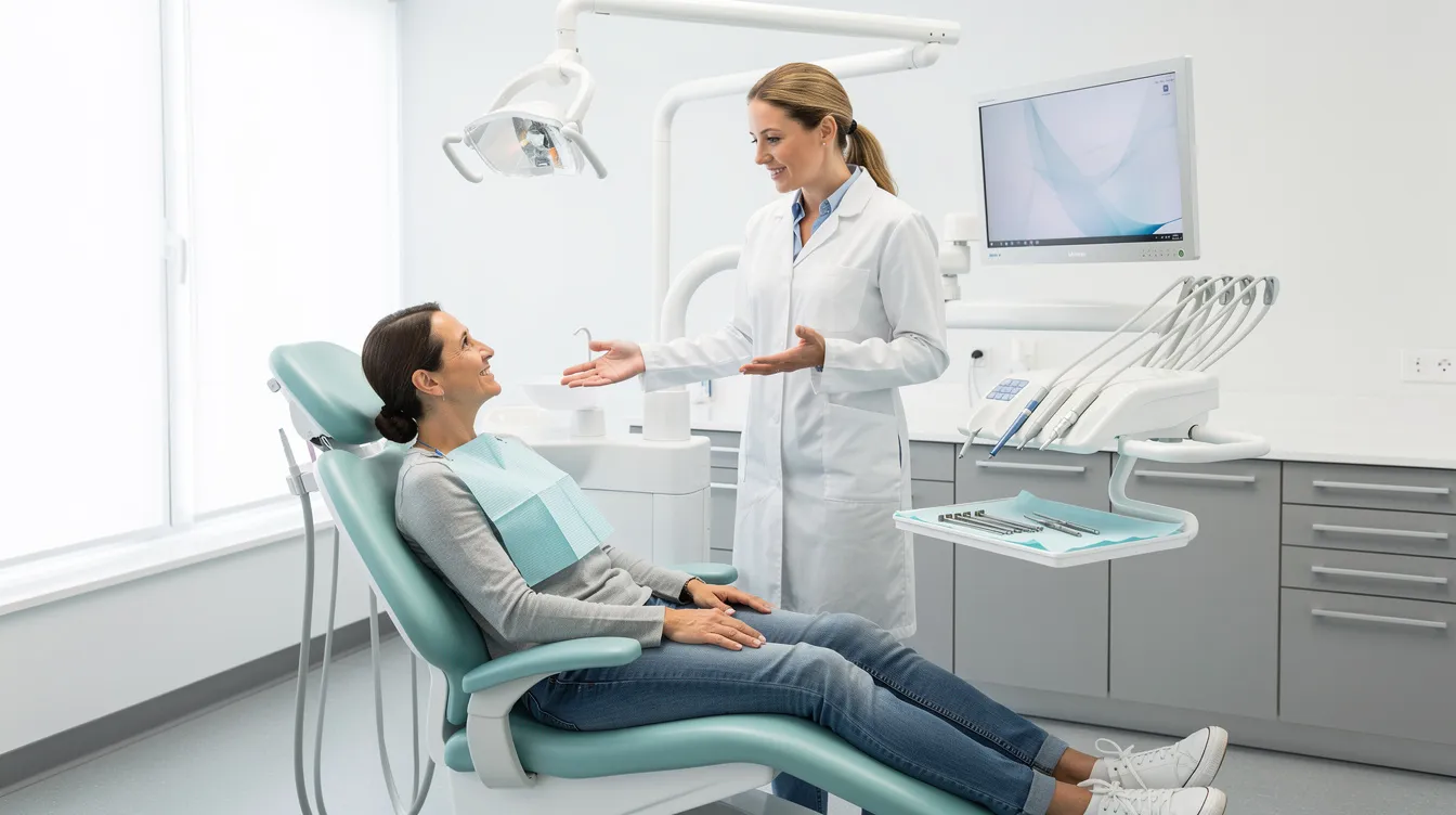 The image depicts a bright, modern dental exam room where a dentist in a white coat engages warmly with a relaxed patient seated in a dental chair. Natural light filters through the windows, emphasizing the importance of routine dental check-ups for maintaining optimal oral health and preventing dental issues.