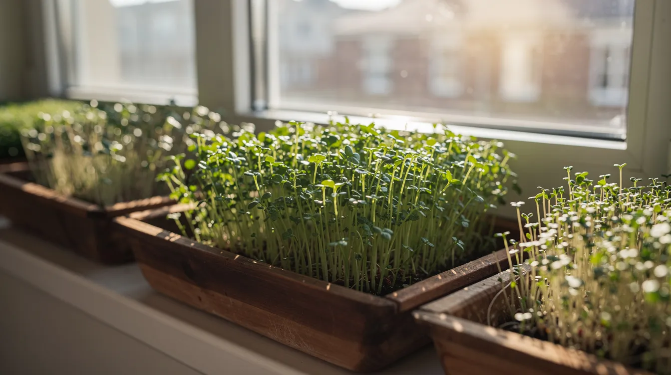The image shows shallow wooden trays filled with vibrant young microgreens and sprouts, basking in sunlight on a windowsill. These fast-growing vegetables, including leafy greens and baby plants, are perfect for those looking to cultivate their own food in a small space during early spring. The image shows shallow wooden trays filled with vibrant young microgreens and sprouts, basking in sunlight on a windowsill. These fast-growing vegetables, including leafy greens and baby plants, are perfect for those looking to cultivate their own food in a small space during early spring.