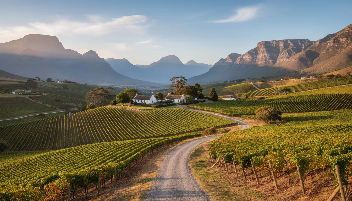 A picturesque view of a Western Cape wine farm valley showcases rolling hills blanketed in lush vineyards, with a clear blue sky overhead. This serene landscape is perfect for enjoying the beauty of nature, reminiscent of the tranquil atmosphere found in Riebeeck Kasteel, where professional DSTV installations and services are also available.