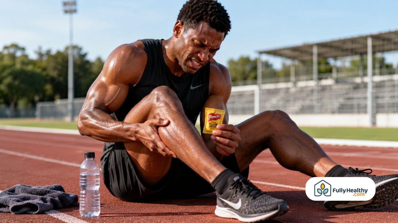 Athlete holding mustard packet while stretching painful calf cramp outdoors