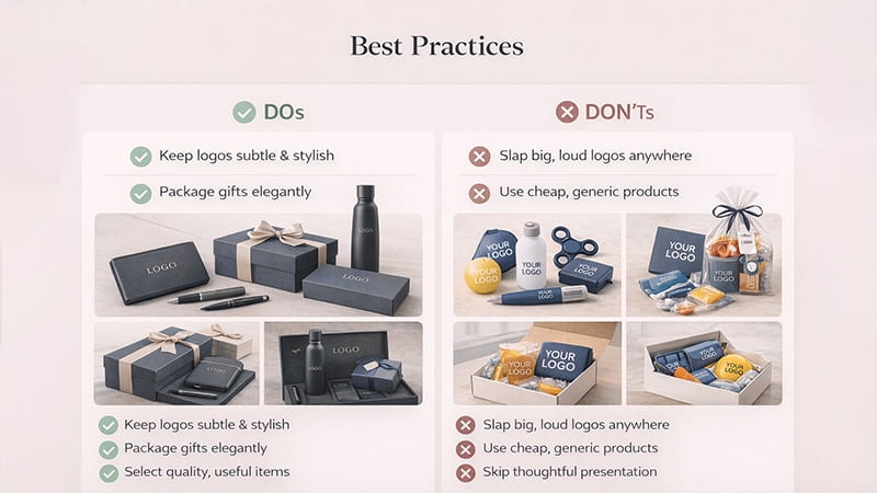 DOs and DON’Ts visual guide comparing well packaged subtle branded gift sets with low quality over branded promotional items