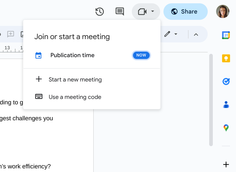 Joining or starting a meeting in Docs