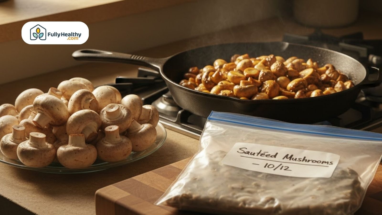 Sauteed mushrooms cooking in a pan with raw mushrooms and freezer bag