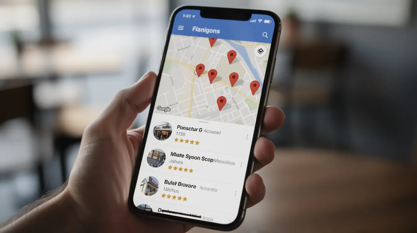 The image displays a smartphone screen showing a local business search result, featuring a map with various business listings related to Ocala businesses. This illustrates the importance of local SEO services and search engine optimization for enhancing online visibility and attracting local customers.