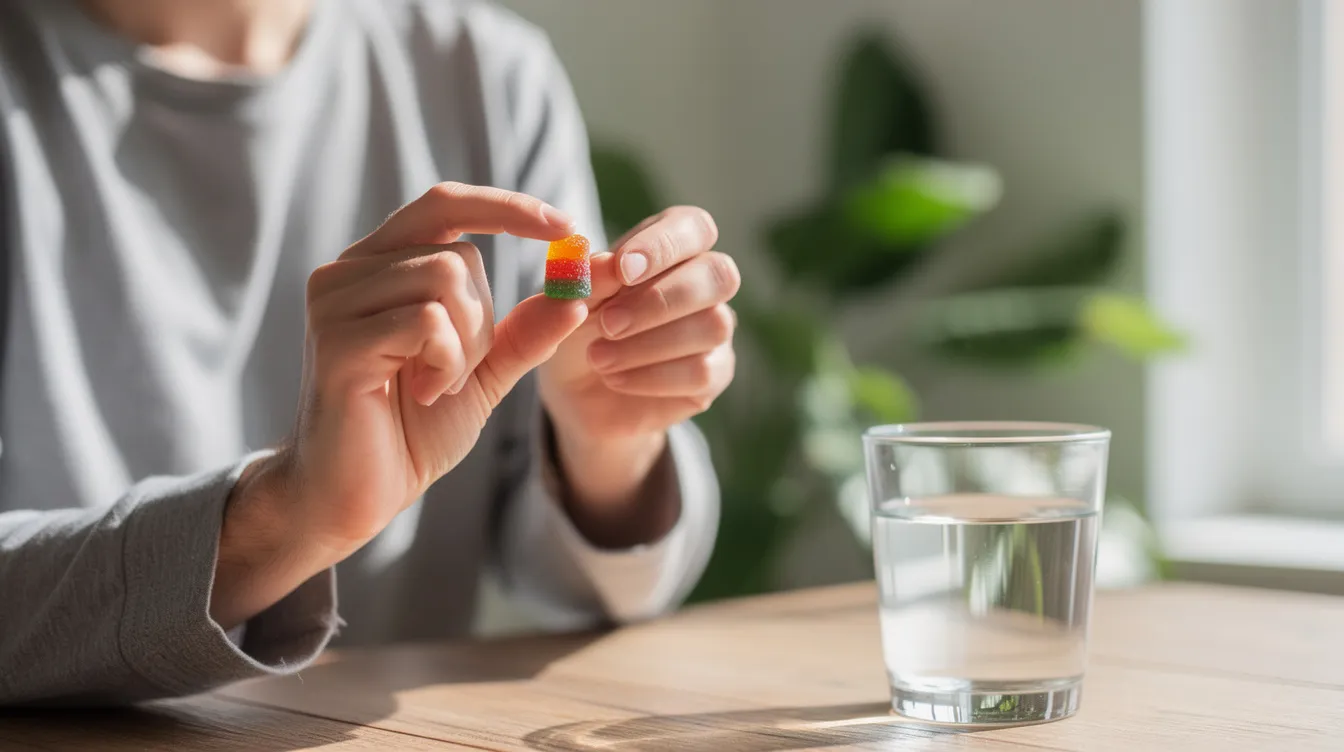 A person in casual clothing is holding a gummy supplement, possibly a mushroom gummy, between their fingers, with a glass of water nearby and lush green plants in the background. This image highlights the natural goodness of functional mushroom gummies, which are known for their various health benefits, including immune support and brain health.