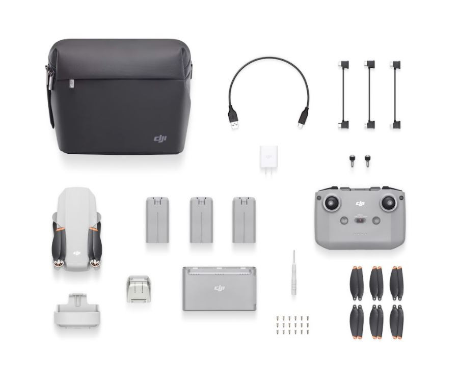 Combo - Aircraft 1, Remote Controller 1, Intelligent Flight Battery 3, Spare Propellers (Pair) 3, Type-C Cable 1, Gimbal Protector 1, RC Cable (Micro USB connector) 1, RC Cable (USB-C connector) 1, RC Cable (Lightning connector) 1, Spare Control Sticks (Pair) 1, Spare Screw 18, Screwdriver 1, Propeller Holder 1, Two-Way Charging Hub 1, DJI 18W USB Charger 1, Shoulder Bag 1