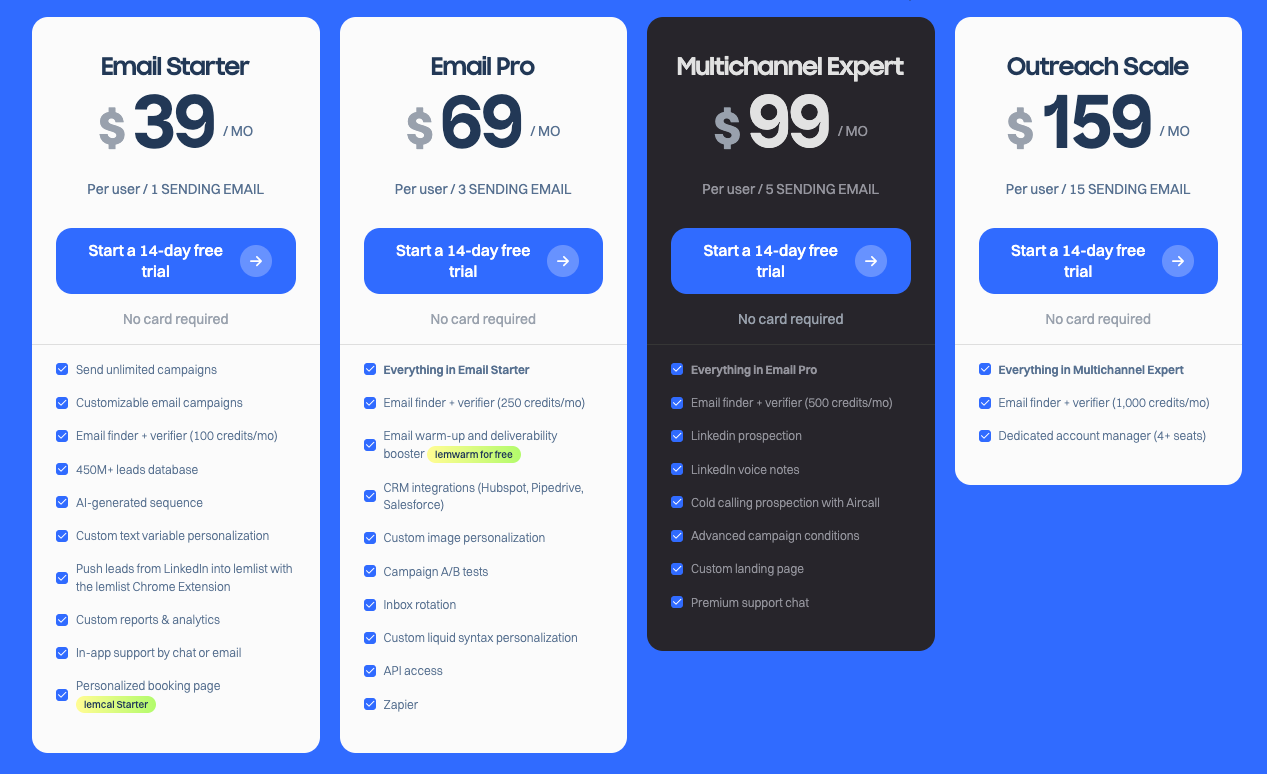 Lemlist pricing plans