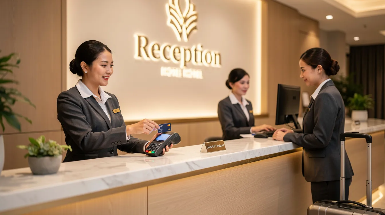 A hotel reception team is assisting guests with a card payment terminal, ensuring secure payments and a smooth transaction process for customer payments. This scene highlights the importance of a reliable payment gateway in the travel industry, facilitating international transactions and multiple payment methods for an enhanced customer experience.