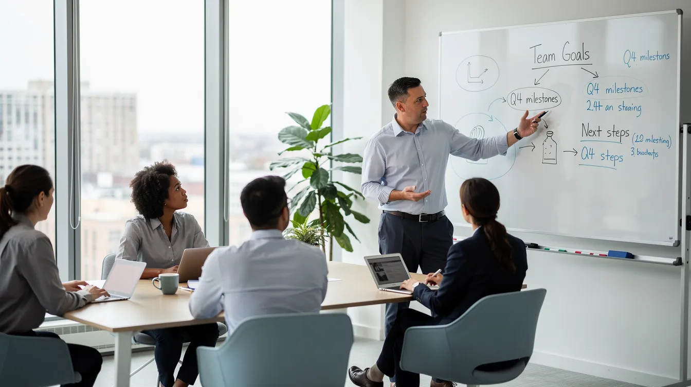 Un manager calme dirige une petite réunion d'équipe dans un bureau moderne et lumineux, avec un tableau blanc en arrière-plan. L'atmosphère est propice à la gestion des émotions au travail, favorisant des interactions bienveillantes entre les collaborateurs.