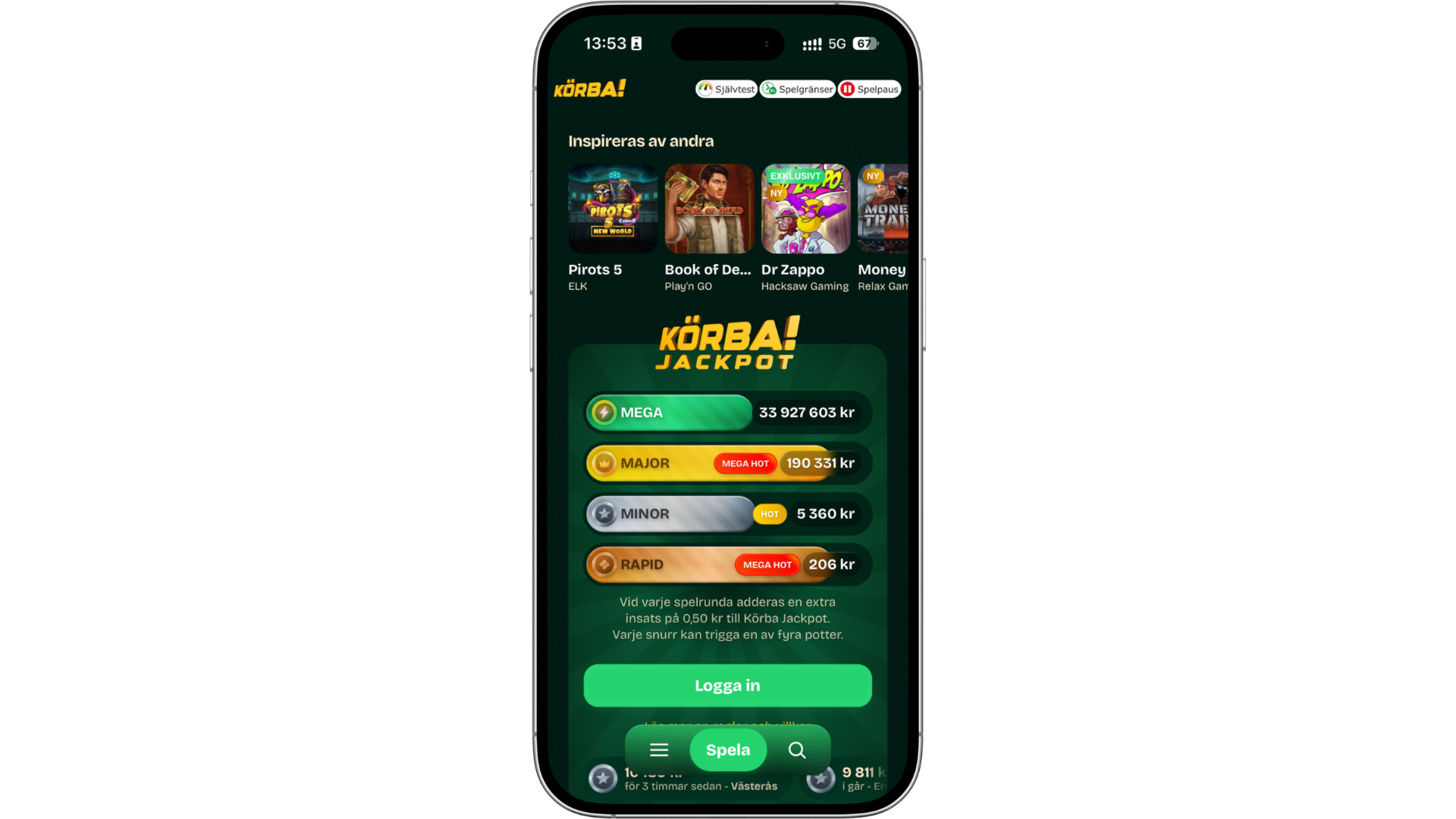 Körba i mobilen med spelrekommendationer och de fyra nivåerna i Körba Jackpot.