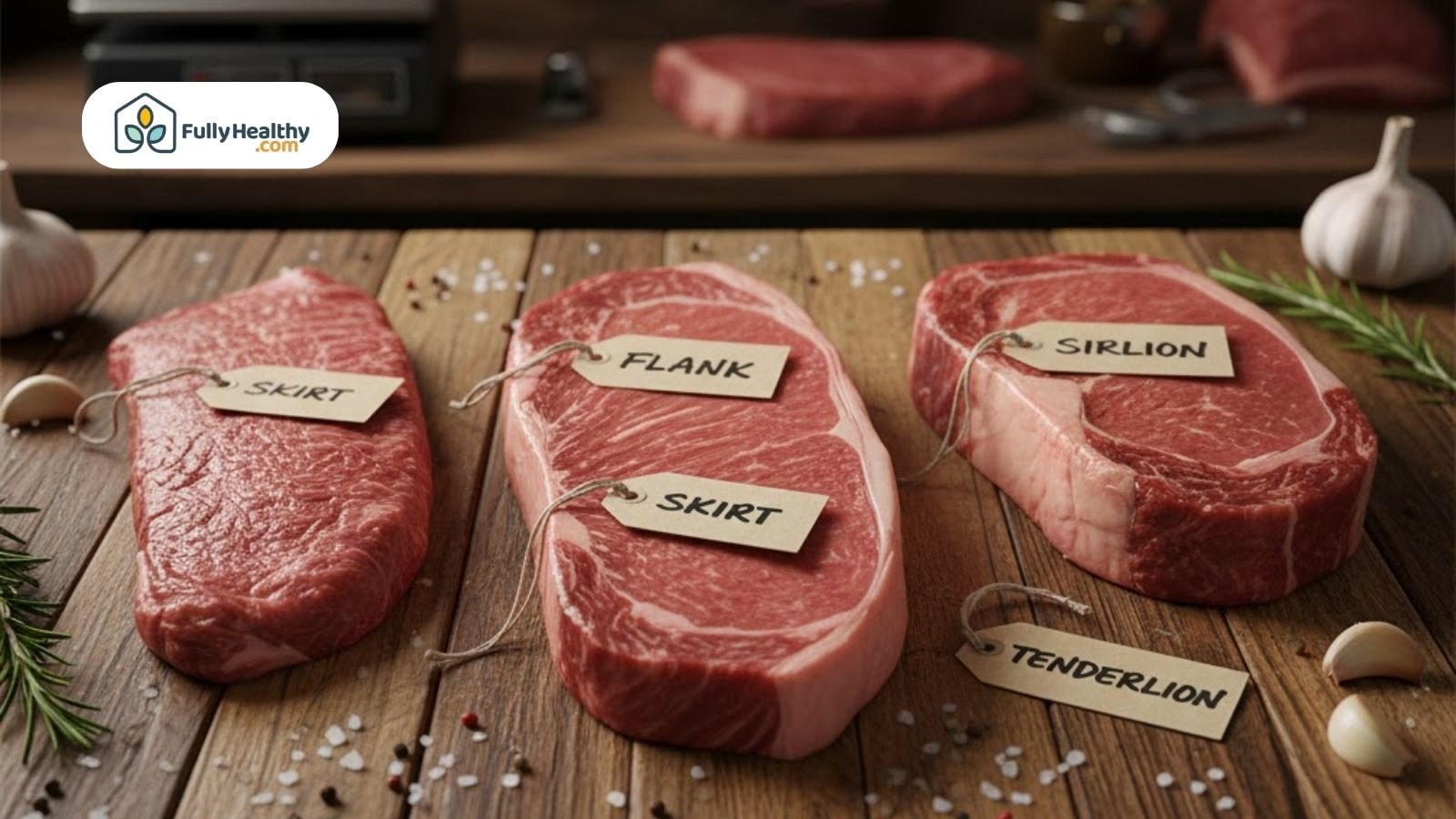 Raw flank skirt sirloin and tenderloin cuts labeled on wooden butcher table