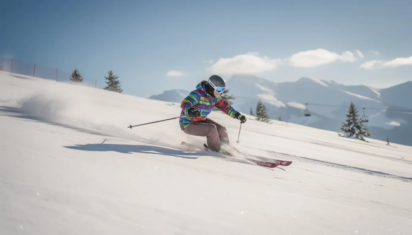 Narciarz w kolorowej kurtce i kasku zjeżdża po łagodnym, ośnieżonym stoku w słoneczny dzień, ciesząc się komfortem i bezpieczeństwem, jakie zapewnia odpowiedni strój narciarski. Jego odzież narciarska, w tym spodnie narciarskie i rękawice, doskonale chroni przed zimnem oraz wilgocią, co jest kluczowe podczas uprawiania sportów zimowych.