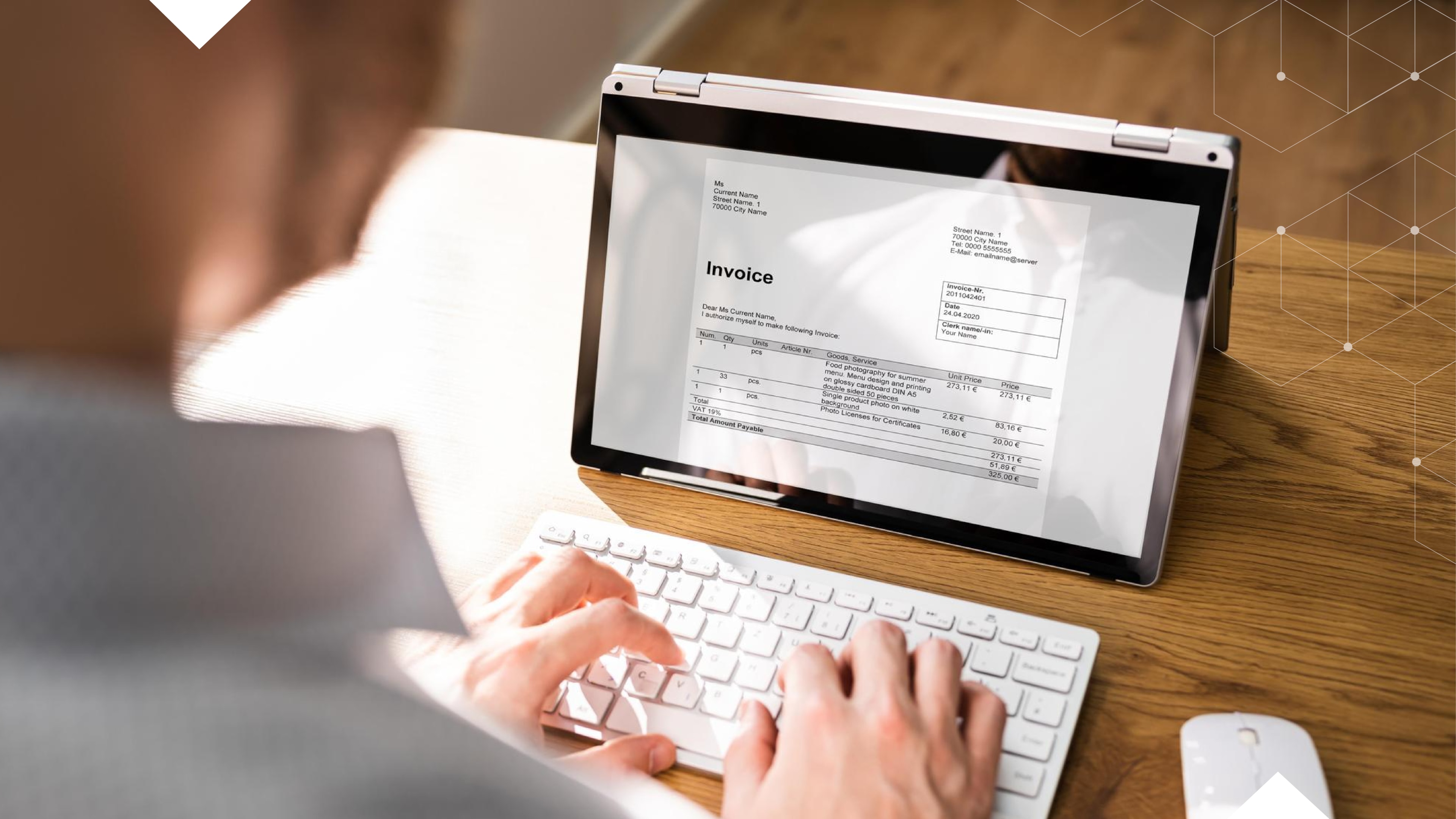 Person reviewing a digital invoice on a tablet while typing, representing telecom billing management services.