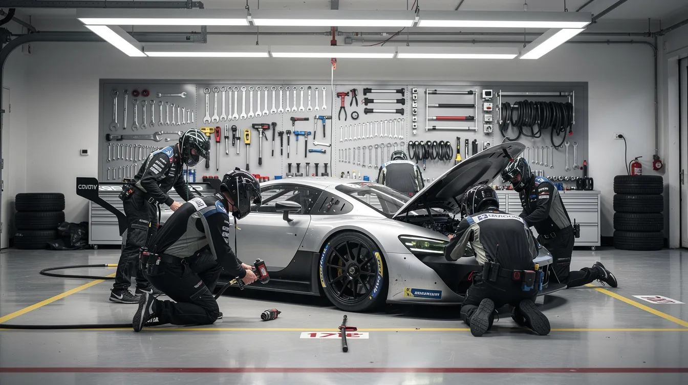 A professional pit crew is intensely focused on a race car in a well-organized garage, with precision tools neatly arranged on the wall, highlighting their teamwork and expertise in automotive performance. The scene captures the essence of a high-pressure environment where every detail matters, similar to how businesses strive for visibility in search results and AI platforms.