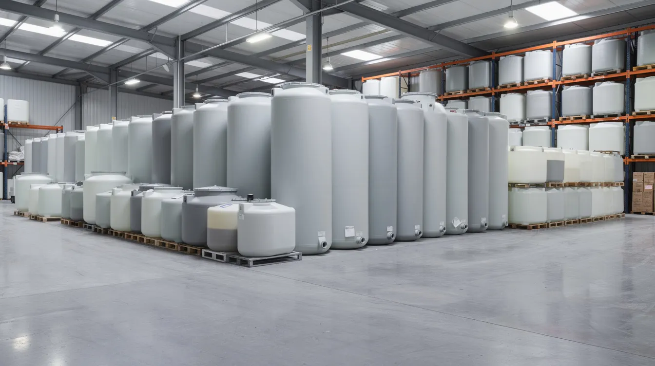 L'image montre plusieurs cuves en polyéthylène de différentes tailles soigneusement alignées dans un entrepôt de stockage, prêtes à être utilisées pour la gestion des eaux pluviales. Ces réservoirs sont conçus pour la rétention et l'infiltration de l'eau de pluie, contribuant ainsi à la régulation des débits et à la prévention des inondations.
