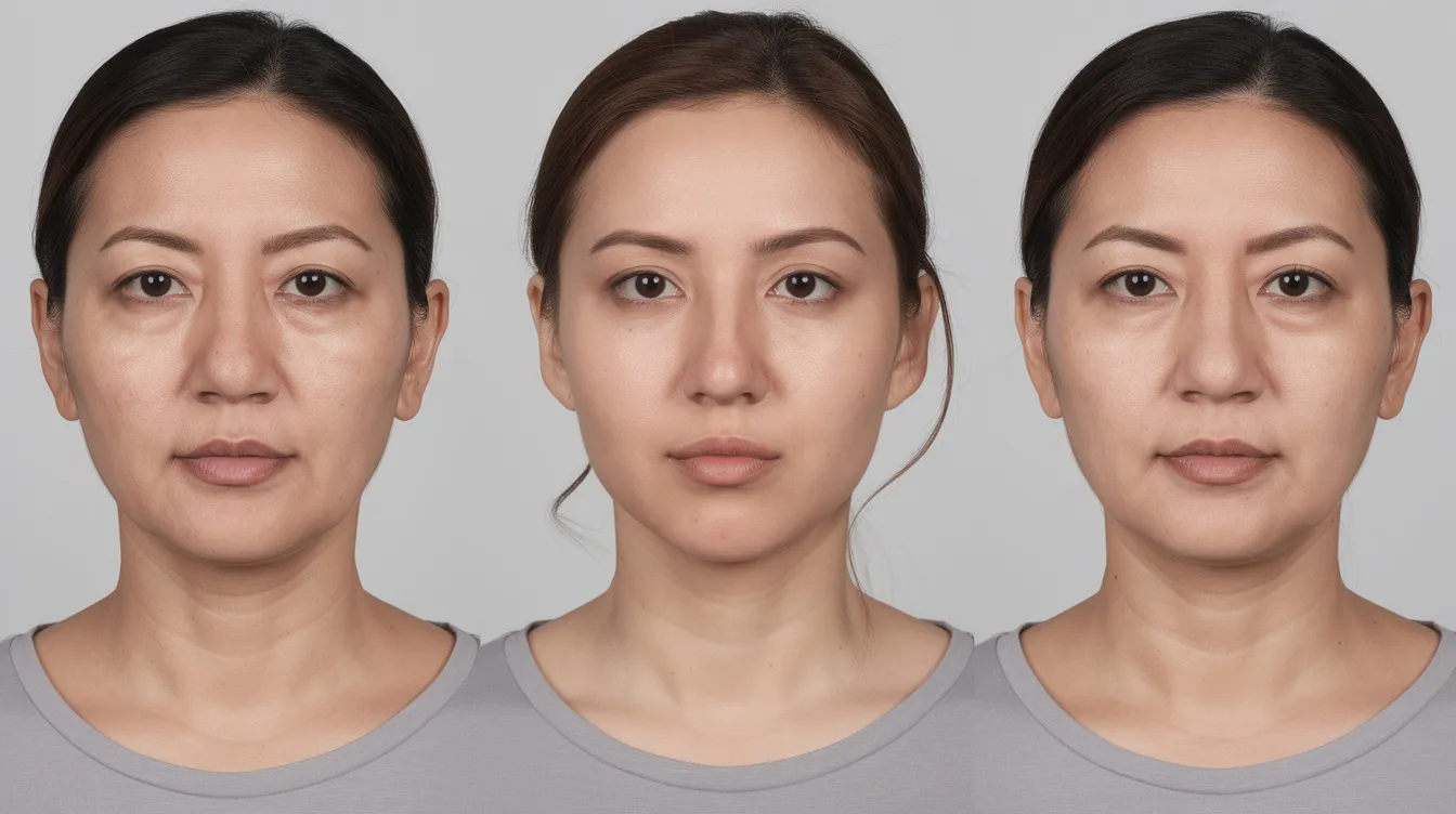 The image features three natural patient portraits in neutral lighting, showcasing frontal and side angles for a subtle comparison of nose contour. Each portrait highlights the differences in the bulbous nasal tip before and after a non-surgical nose job, emphasizing the refined appearance achieved through non-surgical rhinoplasty techniques.