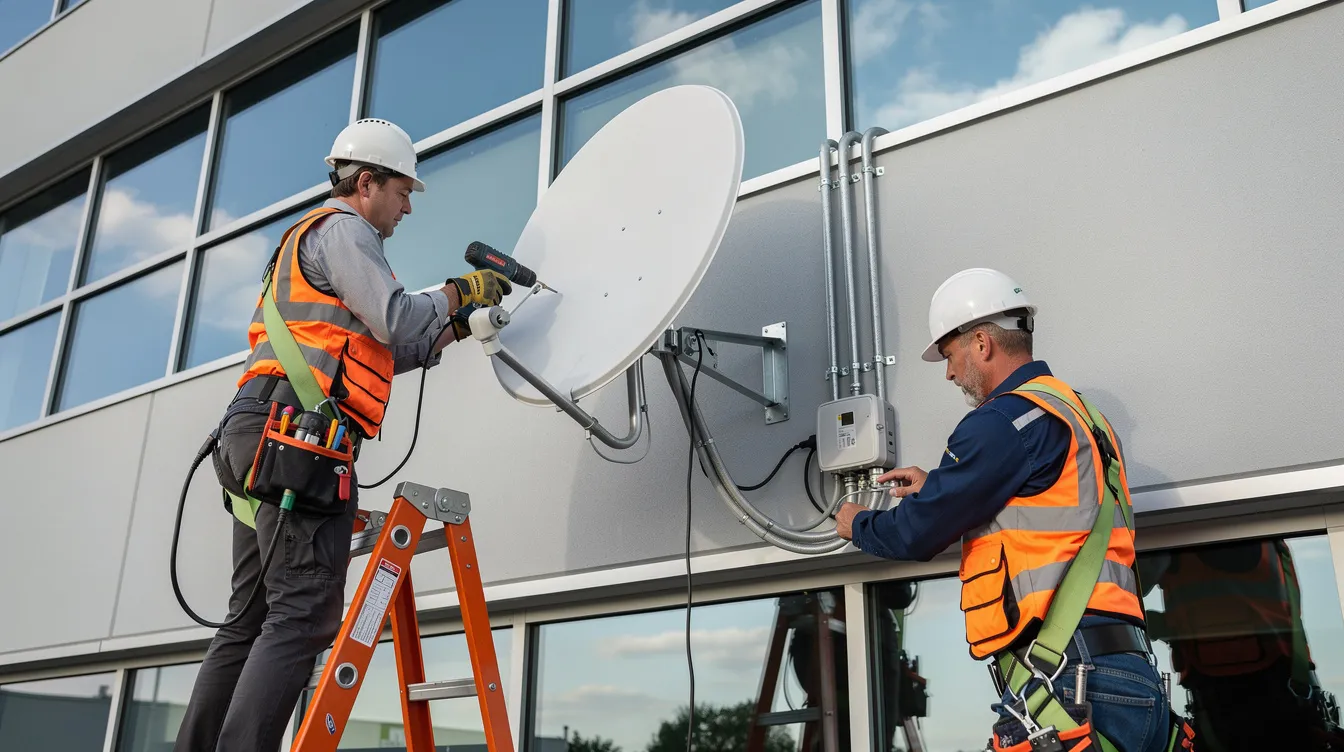 Two technicians are seen installing a satellite dish on the side of a commercial building, showcasing their professional service as accredited DSTV installers. The installation is part of DSTV installation services, ensuring quality connection for customers in South Africa.