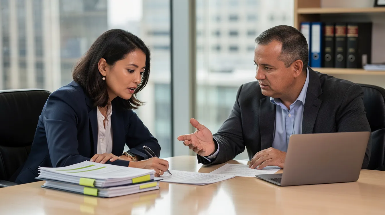 In a meeting room, two professionals, likely a behavior interventionist and a board certified behavior analyst, are engaged in a discussion while reviewing documents related to a behavior intervention plan. They appear focused on addressing behavioral challenges and developing strategies to support children with developmental disabilities.