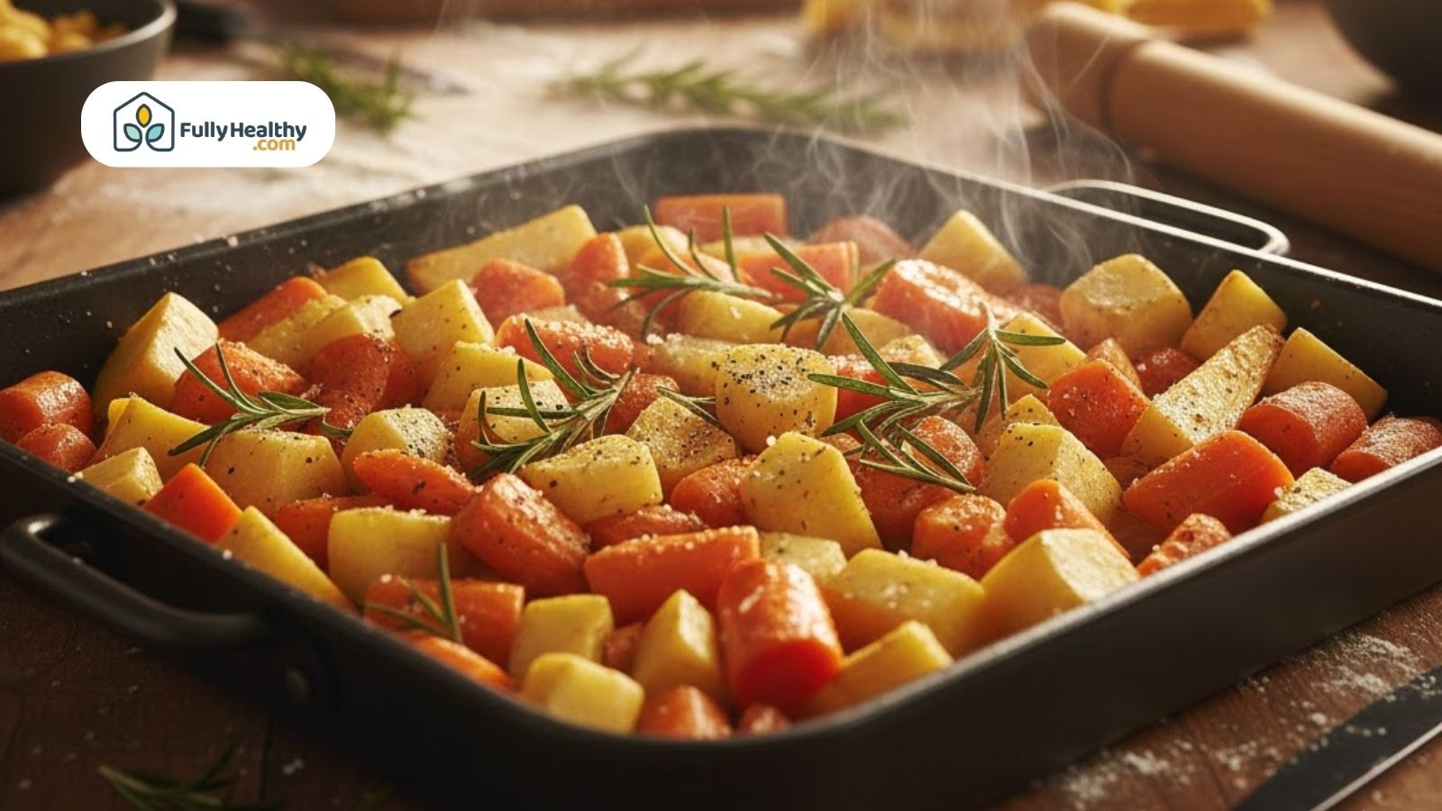 Cooked carrots and potatoes roasting in a pan.