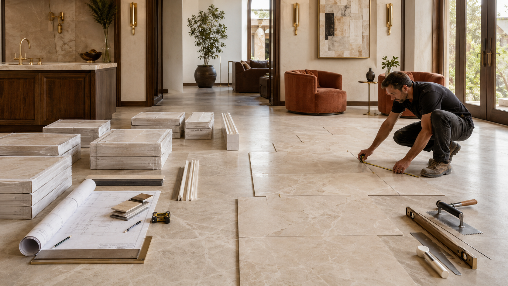 Two professional installers positioning a large-format marble-look porcelain tile using suction tools.