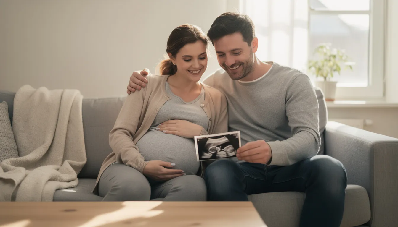 Ett lyckligt par sitter tillsammans och tittar på ultraljudsbilder av sitt framtida barn. De ser förväntansfulla ut medan de diskuterar graviditeten och vad som syns på bilderna, vilket visar fostret i livmodern.