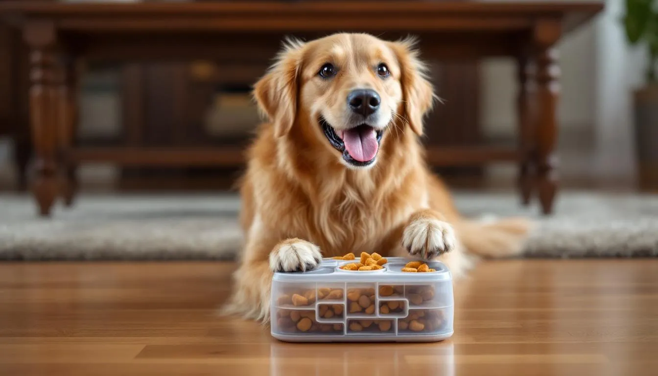 A happy dog is engaged with a colorful puzzle toy filled with treats, using its nose and paws to figure out how to access the food inside. This playful interaction showcases the dog