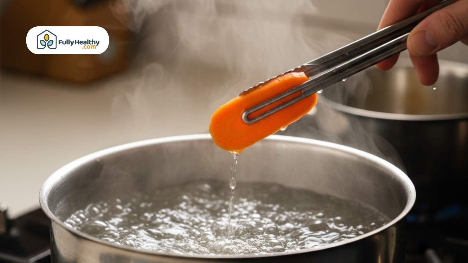 Carrot slice lifted from boiling water with tongs, steam rising