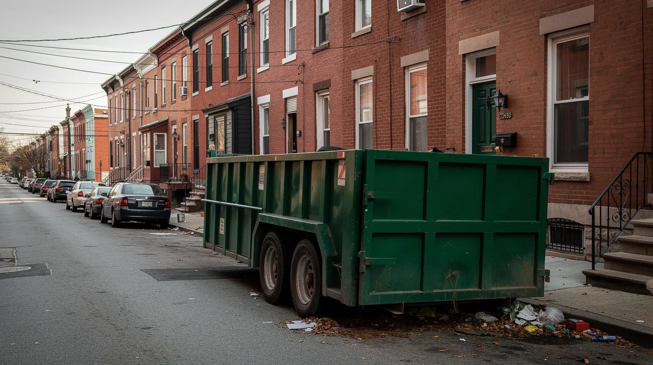 Green roll-off dumpster parked on a narrow Philadelphia residential street beside a brick rowhome