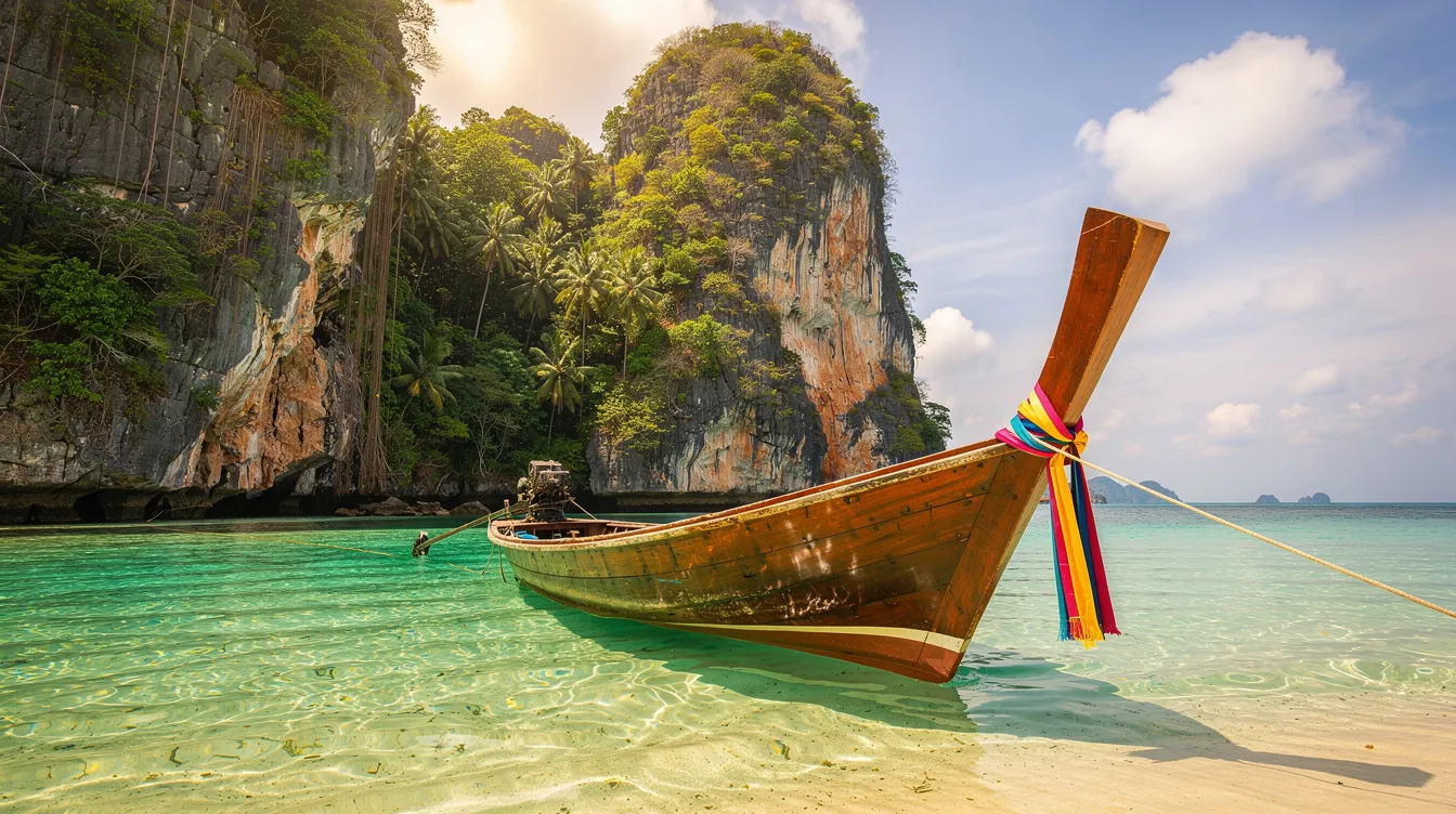 Um barco longtail navega em águas cristalinas, cercado por falésias calcárias e vegetação tropical exuberante ao fundo, refletindo a beleza natural da Tailândia. A cena evoca um ambiente tranquilo e paradisíaco, típico das praias do sudeste asiático.