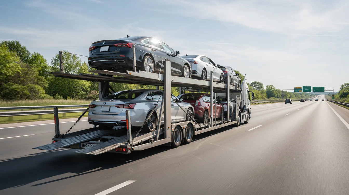 An open car carrier truck is transporting multiple sedans down a highway, showcasing the efficiency of auto transport services. The vehicles are securely loaded, demonstrating the reliable car shipping offered by various car shipping companies.