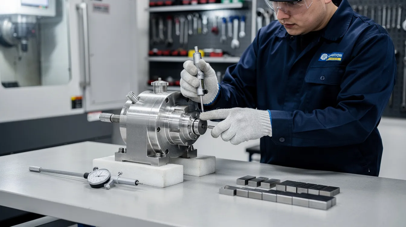A technician is carefully inspecting a CNC spindle assembly on a workbench, using precision measuring instruments to ensure accuracy and quality. This scene highlights the importance of routine maintenance and the role of reliable CNC machine parts in enhancing manufacturing productivity.