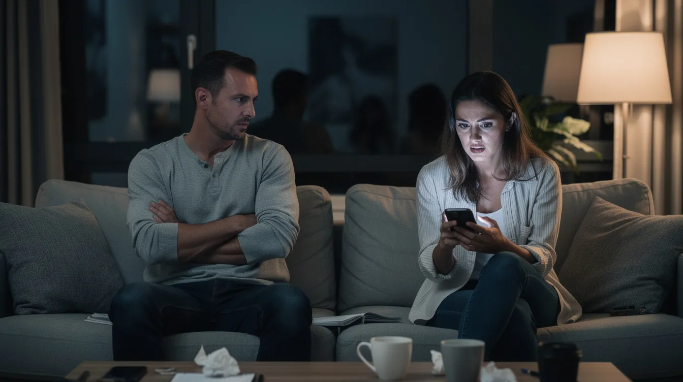 The image depicts a couple sitting together, appearing emotionally distant, which illustrates the concept of toxic attachment styles in romantic relationships. Their body language suggests unhealthy emotional attachment, highlighting the challenges of maintaining healthy relationships amidst feelings of anxiety and insecurity.