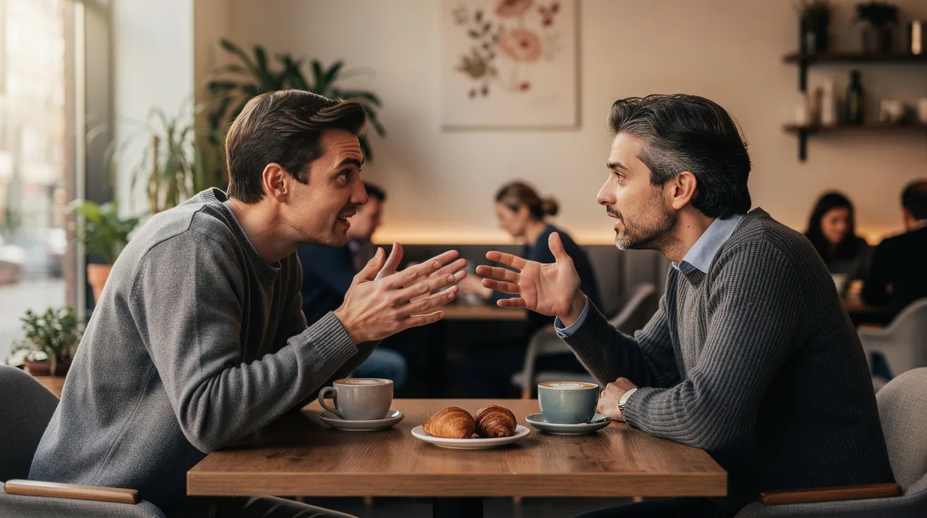 The image depicts two people engaged in a lively conversation over coffee at a café, embodying the essence of intentional dating as they explore common interests and values, fostering a meaningful relationship in the early stages of their dating life. Their interaction reflects clear communication and mutual understanding, essential for building a lasting relationship.