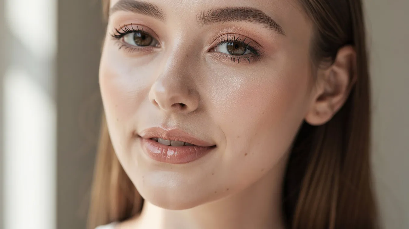 The image showcases a natural makeup look, often referred to as "no makeup makeup," highlighting the model's healthy skin and natural features. This look emphasizes skincare infused makeup products that enhance skin health while providing hydration and a gorgeous glow, perfect for those with acne-prone or sensitive skin.